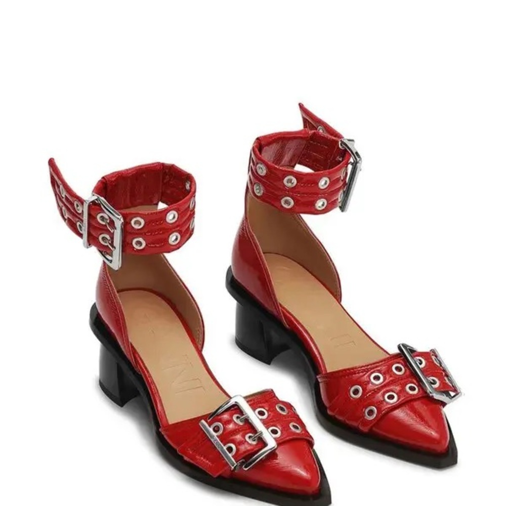 Ganni Red Pointed-Toe Buckled Block Heel Pumps